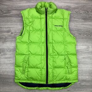 Polo Sport Down Vest Mens Large Lime Green Puffer Quilted Hood Full Zip 90s Y2K